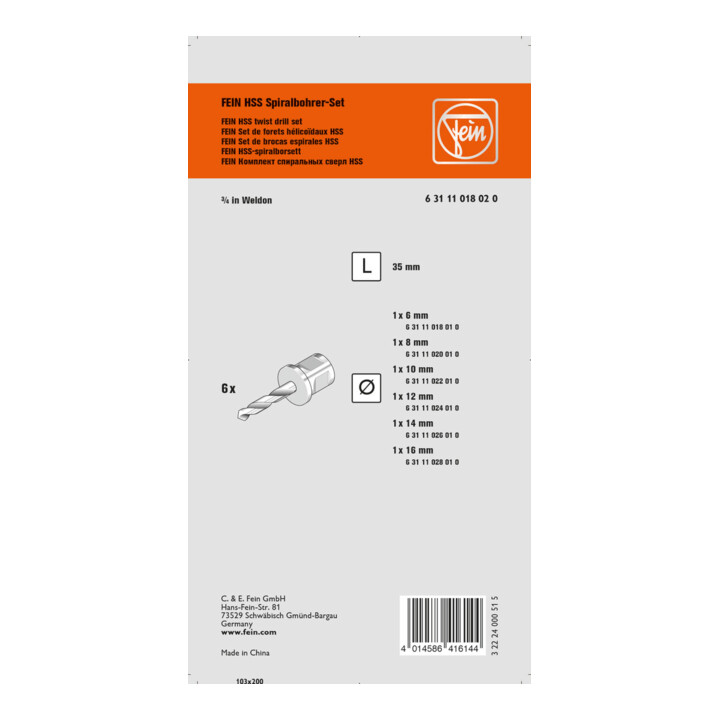 Fein Set de forets hélicoïdaux HSS avec porte-outil Weldon 3/4 in