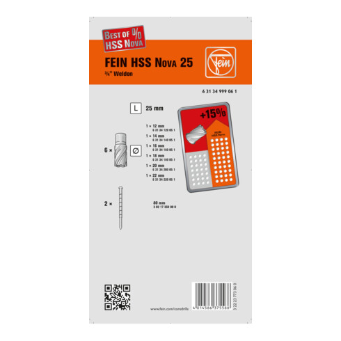 Fein Set di accessori Best of per punta a carotare HSS Nova 25 W 12,14,16,18,20,22 mm