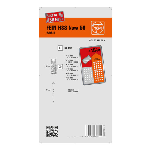 Fein Set di accessori Best of punte a carotare HSS Nova 50 QI 12,14,16,18,20,22 mm