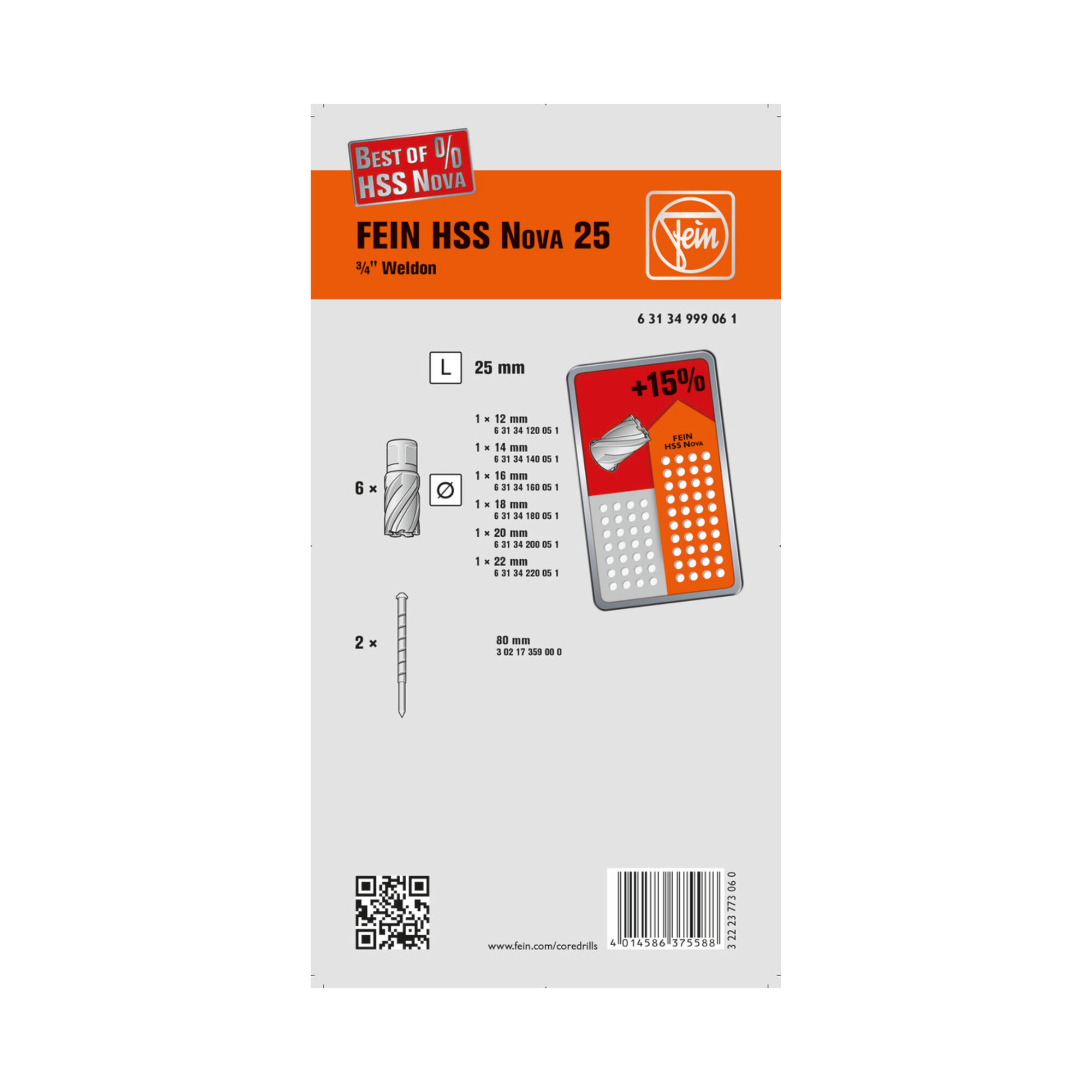 Fein Zubehörset Best of Kernbohrer HSS Nova 25 W 12,14,16,18,20,22 mm