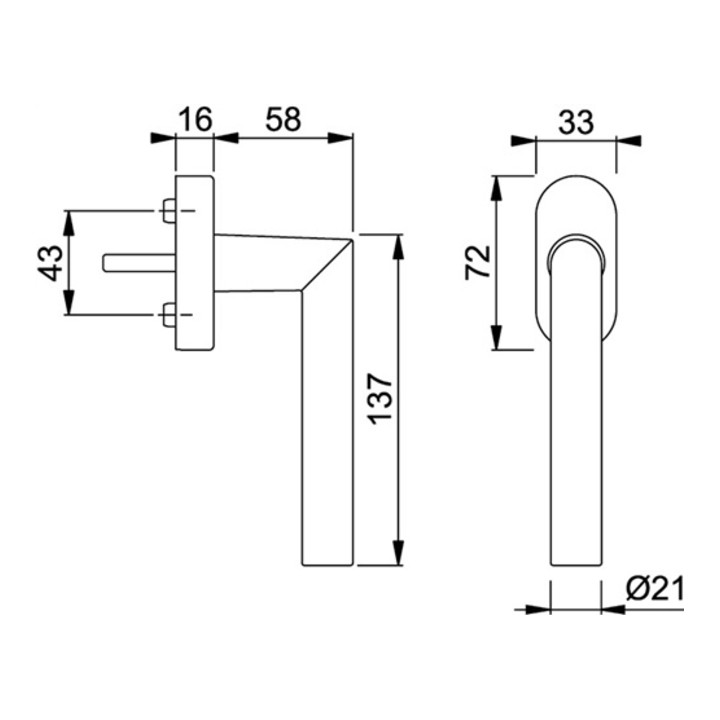Fenstergriff Amsterdam E0400/US956 7mm Vollstift Länge 35mm Edelstahl matt