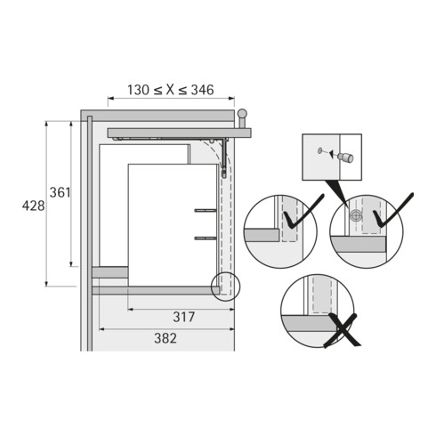 Ferrure de pivotement intérieur Lift Up, épaisseur d'abattant 18 / 19 mm Hettich