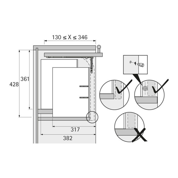 Ferrure de pivotement intérieur Lift Up, épaisseur d'abattant 18 / 19 mm Hettich