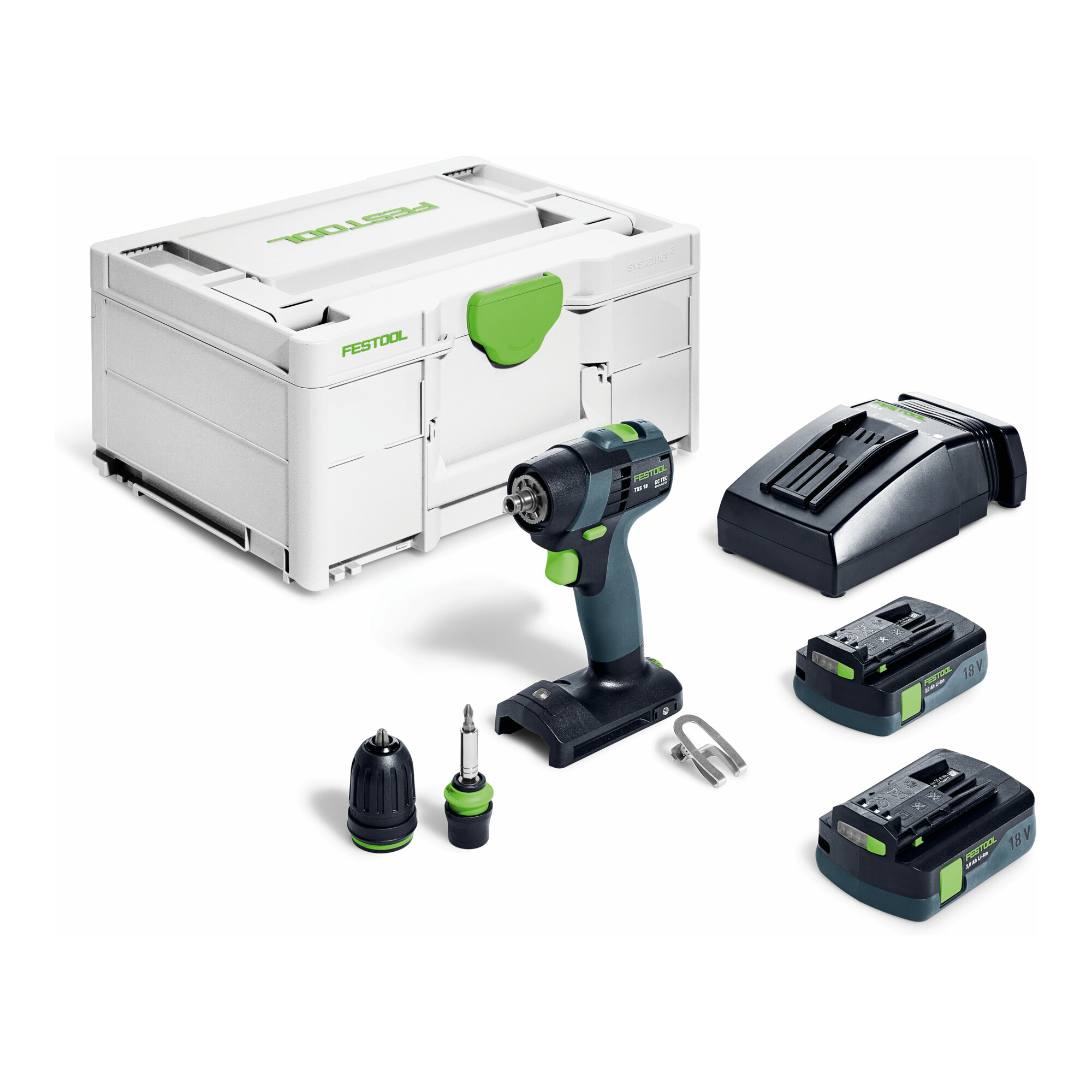 Festool TXS 18 C 3;0-Plus Akku-Bohrschrauber; Winkelvorsatz; Kompakt; Akkuschrauber; Set