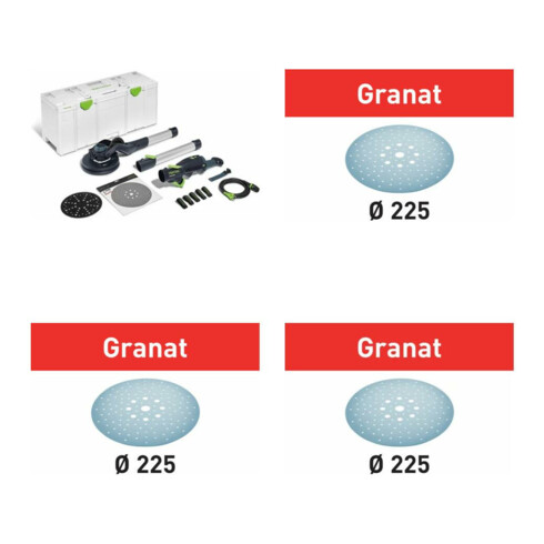 Festool Bundle – Set 4 pezzi con LHS 2 225 EQI-Plus PLANEX & dischi abrasivi STF D225 P80, P100, P120 Granat