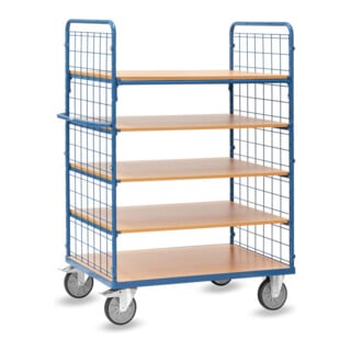 fetra Chariot à étages 8453 bleu acier tubulaire peint poudre plateaux en bois aggloméré
