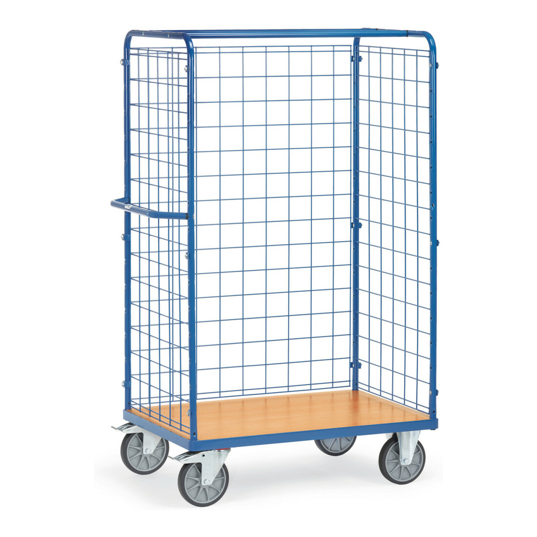 fetra 8581-1 Paketwagen aus Stahlrohr mit Holzplattform und Drahtgitterwänden (Tragkraft:600 kg, TPE-Reifen) für Pakettransport