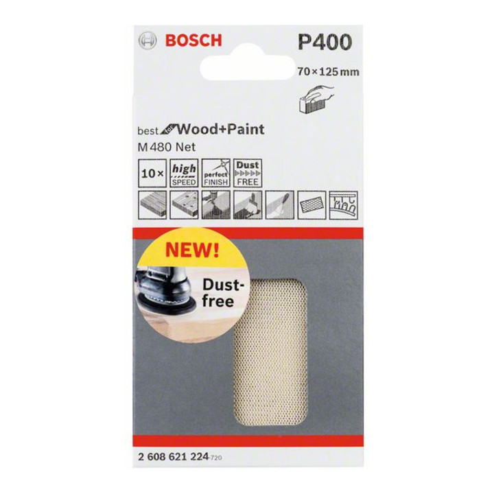 Feuille abrasive Bosch M480, idéale pour le bois et la peinture, 70 x 125 mm
