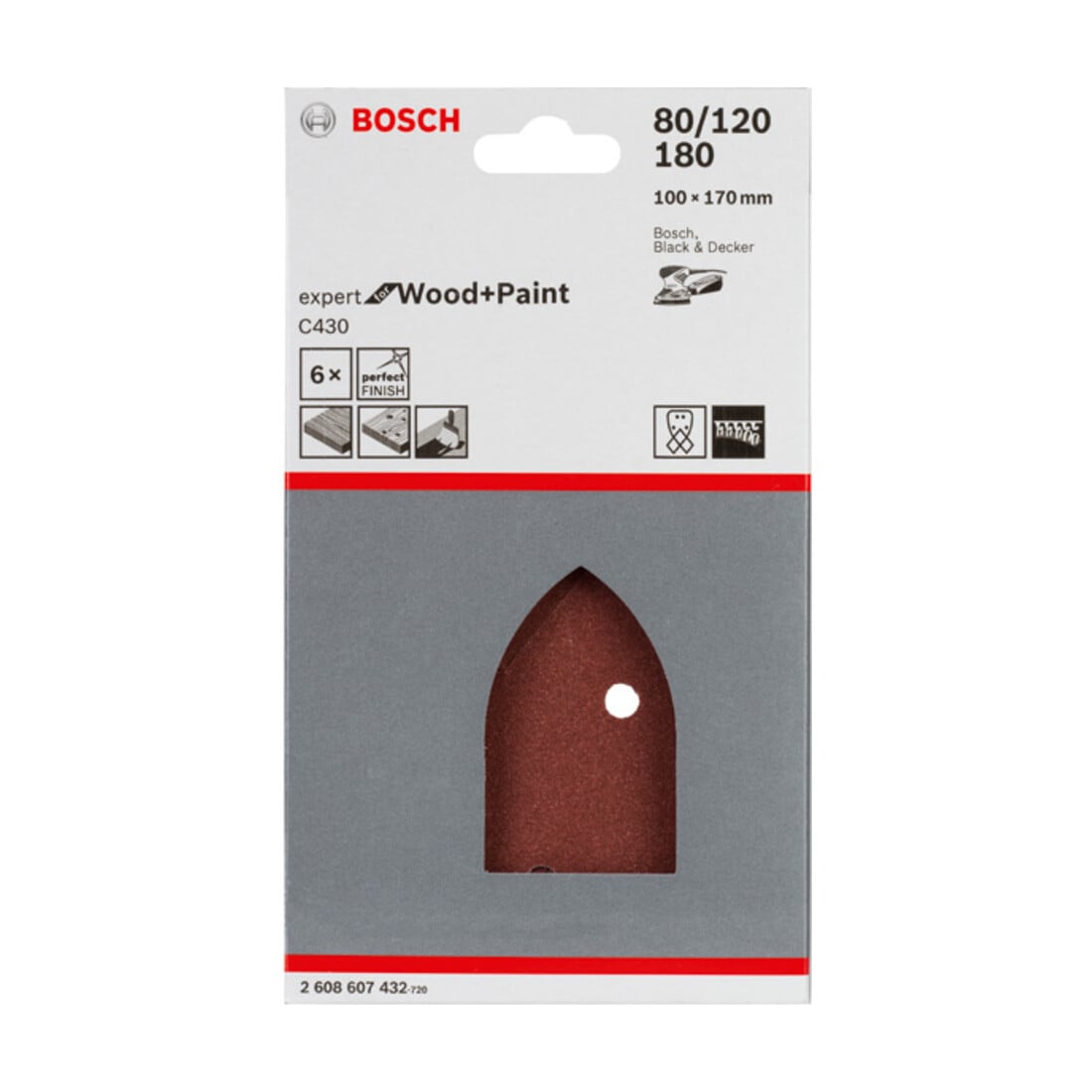 Feuille abrasive Bosch C430 100 x 170 mm 2 x 80 2 x 120 2 x 120 2 x 180 4 trous
