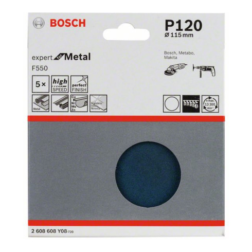 Feuille abrasive Bosch F550, Expert for Metal, 115 mm, 120, non perforée, fixation auto-agrippante, pack de 5