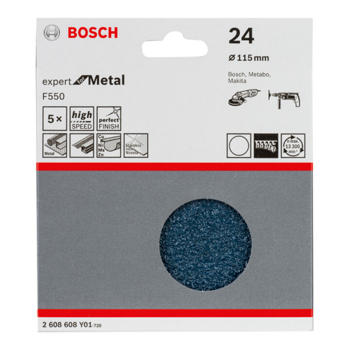 Feuille abrasive Bosch F550, Expert for Metal, 115 mm, 24, non perforée, fixation auto-agrippante, pack de 5