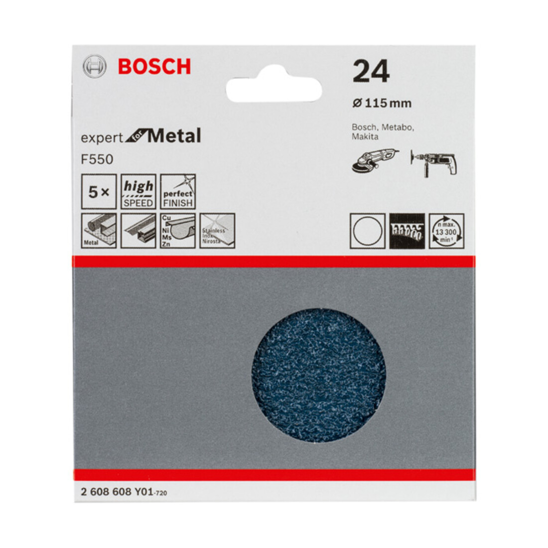 Feuille abrasive Bosch F550, Expert for Metal, 115 mm, 24, non perforée, fixation auto-agrippante, pack de 5