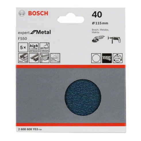Feuille abrasive Bosch F550, Expert for Metal, 115 mm, 40, non perforée, fixation auto-agrippante, pack de 5
