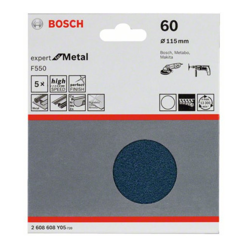 Feuille abrasive Bosch F550, Expert for Metal, 115 mm, 60, non perforée, fixation auto-agrippante, pack de 5