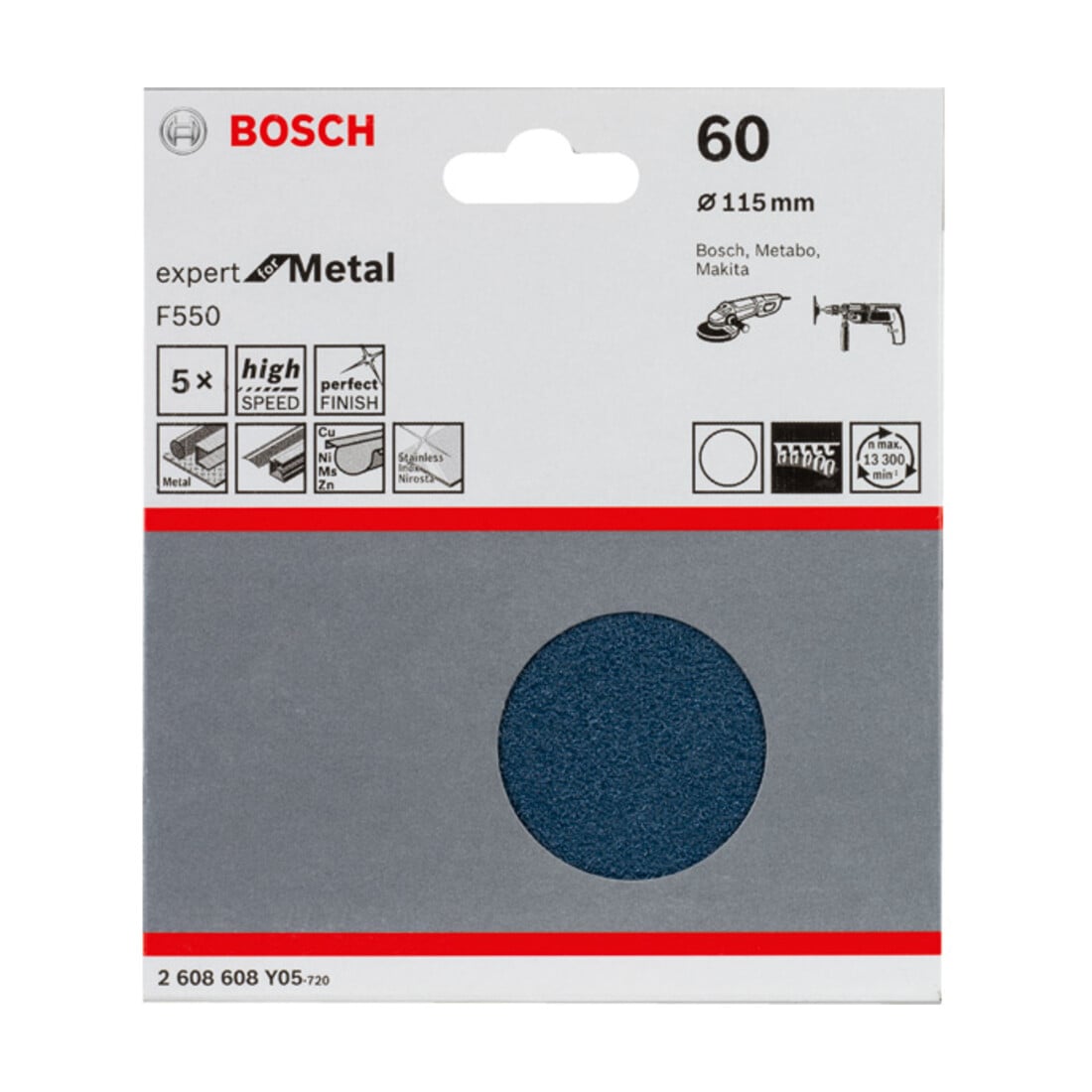 Feuille abrasive Bosch F550, Expert for Metal, 115 mm, 60, non perforée, fixation auto-agrippante, pack de 5