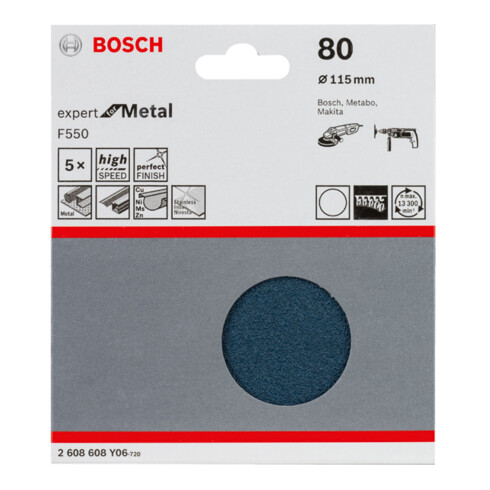 Feuille abrasive Bosch F550, Expert for Metal, 115 mm, 80, non perforée, fixation auto-agrippante, pack de 5