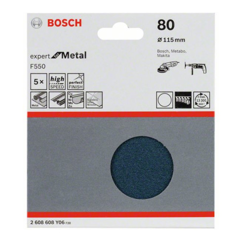 Feuille abrasive Bosch F550, Expert for Metal, 115 mm, 80, non perforée, fixation auto-agrippante, pack de 5