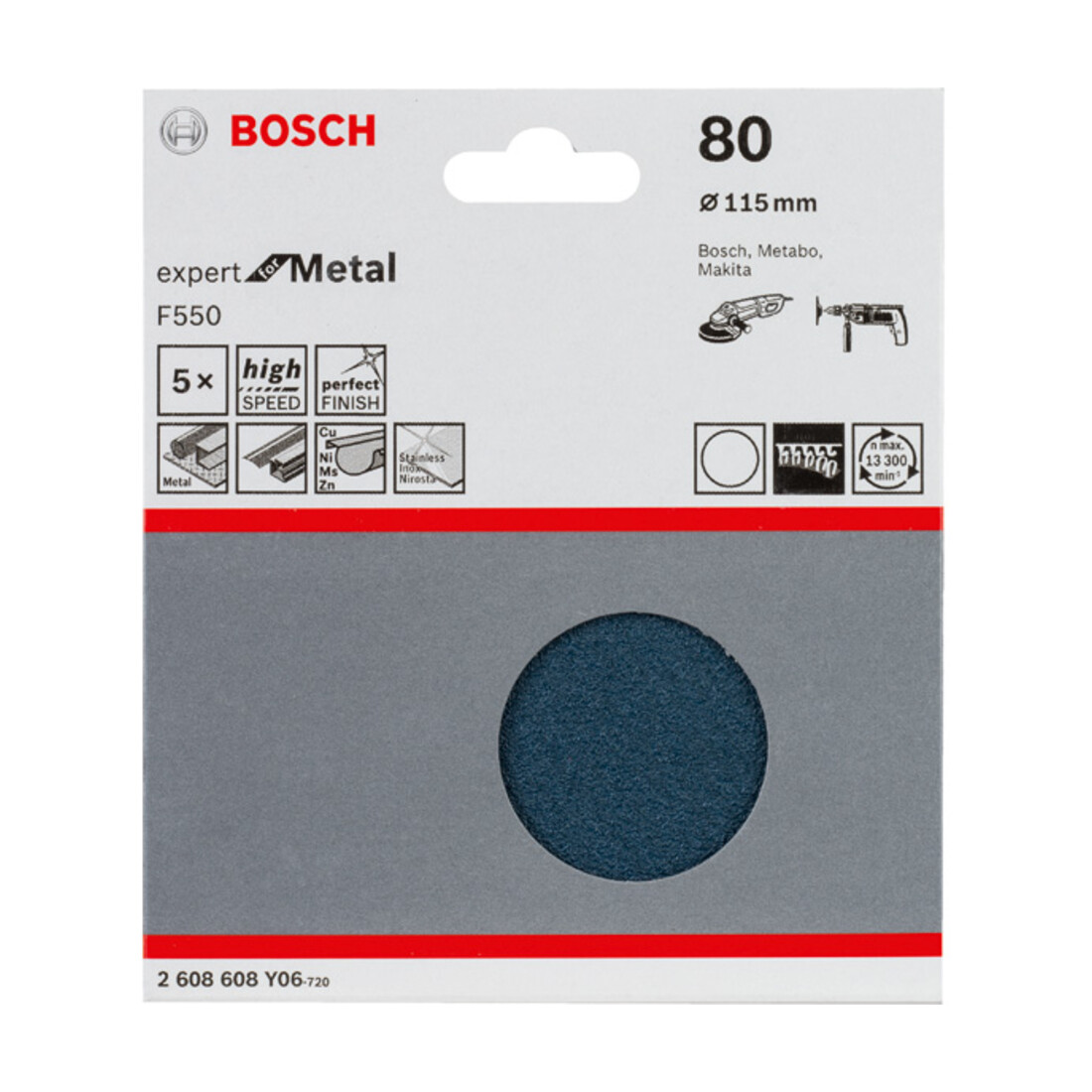 Feuille abrasive Bosch F550, Expert for Metal, 115 mm, 80, non perforée, fixation auto-agrippante, pack de 5