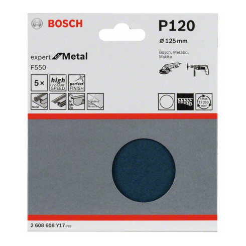 Feuille abrasive Bosch F550, Expert for Metal, 125 mm, 120, non perforée, fixation auto-agrippante, pack de 5