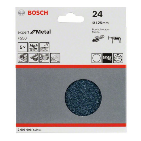 Feuille abrasive Bosch F550, Expert for Metal, 125 mm, 24, non perforée, fixation auto-agrippante, pack de 5