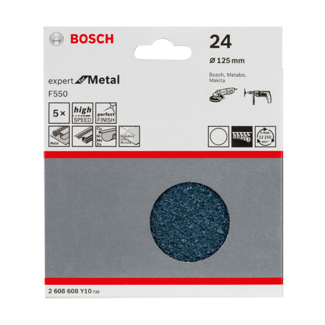 Feuille abrasive Bosch F550, Expert for Metal, 125 mm, 24, non perforée, fixation auto-agrippante, pack de 5