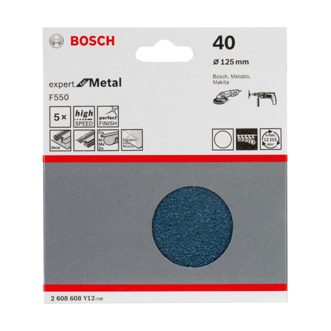 Feuille abrasive Bosch F550, Expert for Metal, 125 mm, 40, non perforée, fixation auto-agrippante, pack de 5