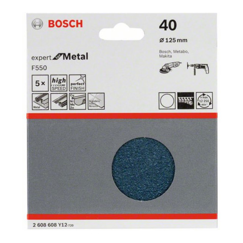 Feuille abrasive Bosch F550, Expert for Metal, 125 mm, 40, non perforée, fixation auto-agrippante, pack de 5