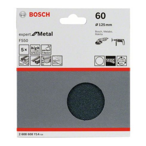 Feuille abrasive Bosch F550, Expert for Metal, 125 mm, 60, non perforée, fixation auto-agrippante, pack de 5