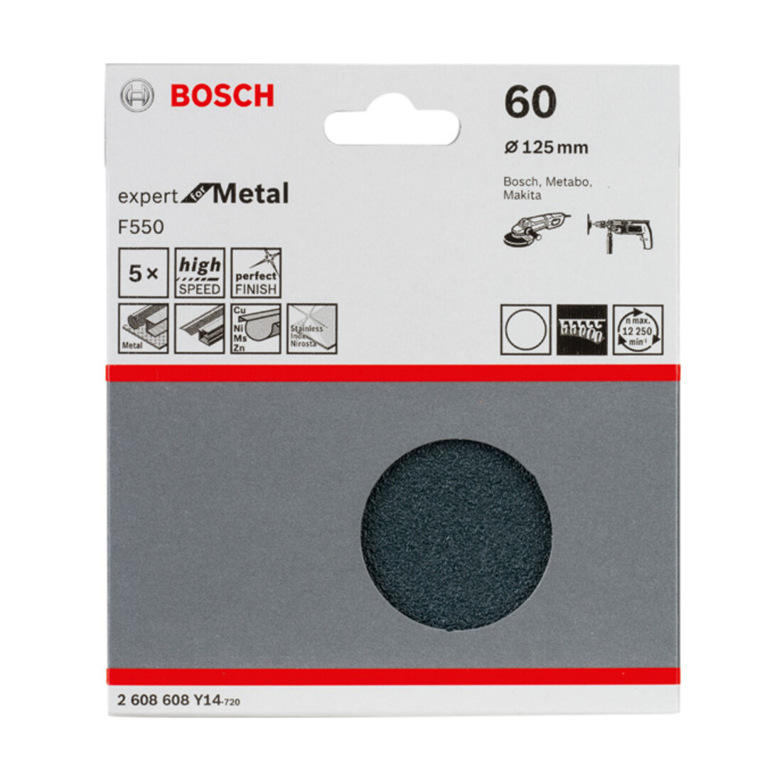 Feuille abrasive Bosch F550, Expert for Metal, 125 mm, 60, non perforée, fixation auto-agrippante, pack de 5
