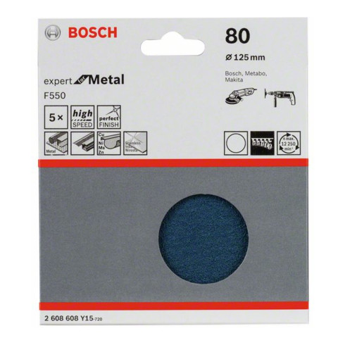 Feuille abrasive Bosch F550, Expert for Metal, 125 mm, 80, non perforée, fixation auto-agrippante, pack de 5