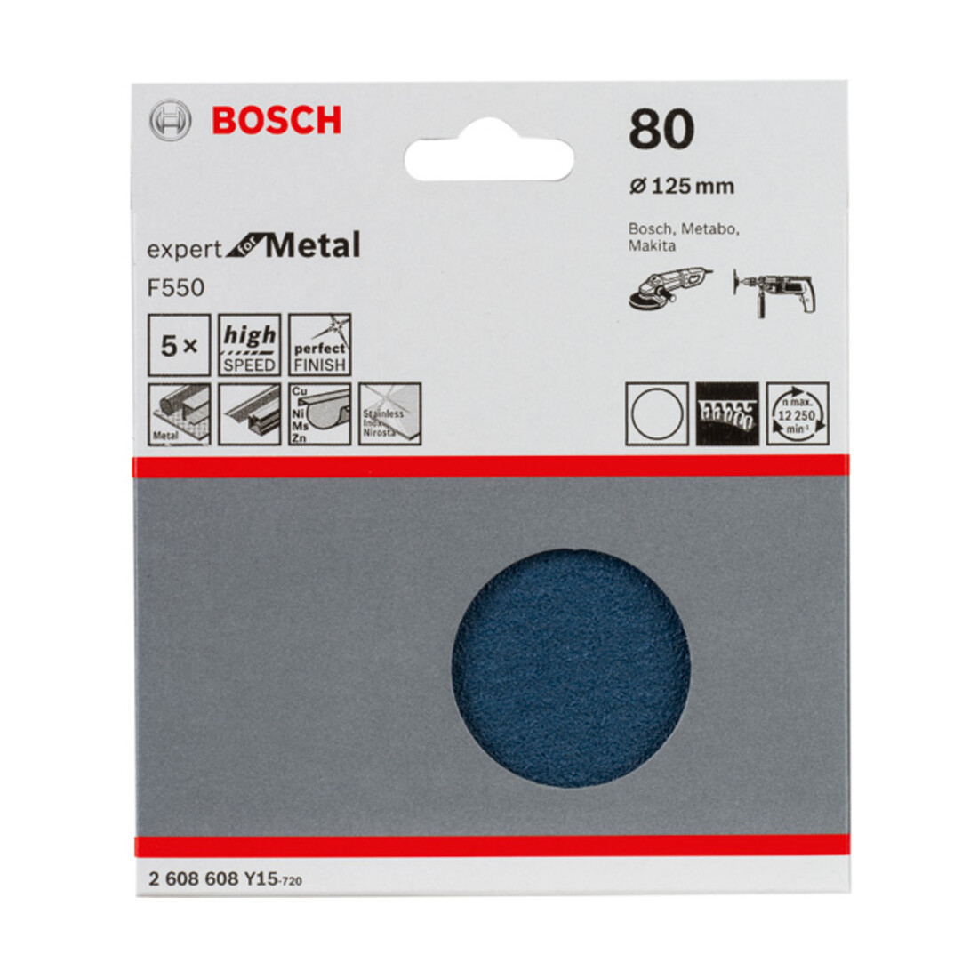 Feuille abrasive Bosch F550, Expert for Metal, 125 mm, 80, non perforée, fixation auto-agrippante, pack de 5