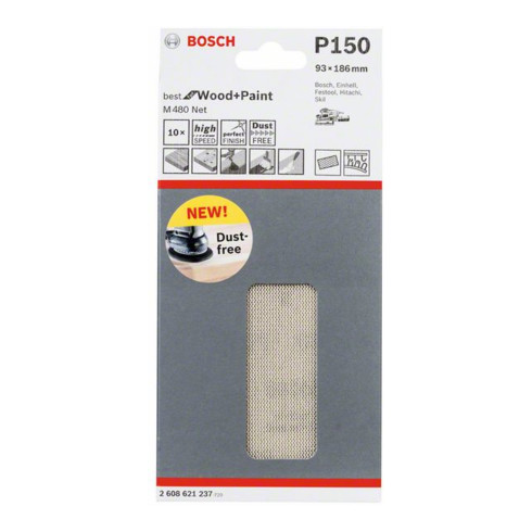 Feuille abrasive Bosch M480 Net, Idéal pour le bois et la peinture, 93 x 186 mm, 150