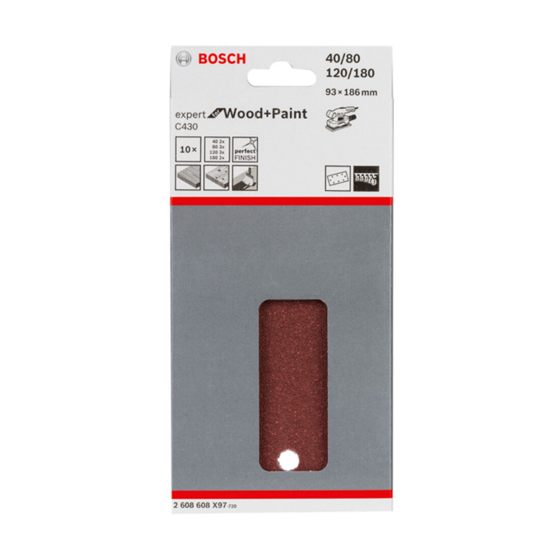 Feuille abrasive C430, pack de 10 93 x 186 mm, 2x40; 3x80; 3x120; 2x180