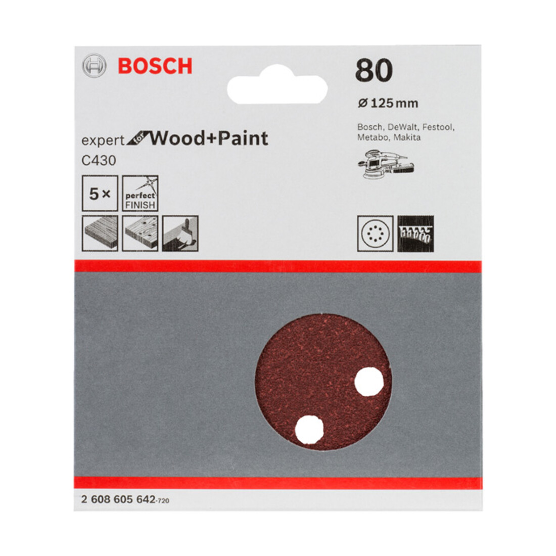 Feuille abrasive C430, pack de 5 125 mm, 80