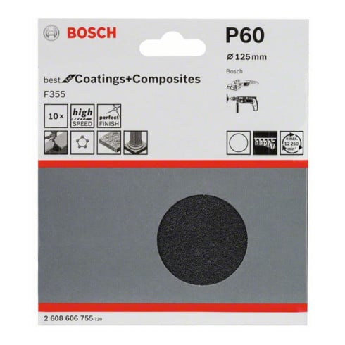 Papier abrasif Bosch F355, non perforé, Velcro, 125 mm