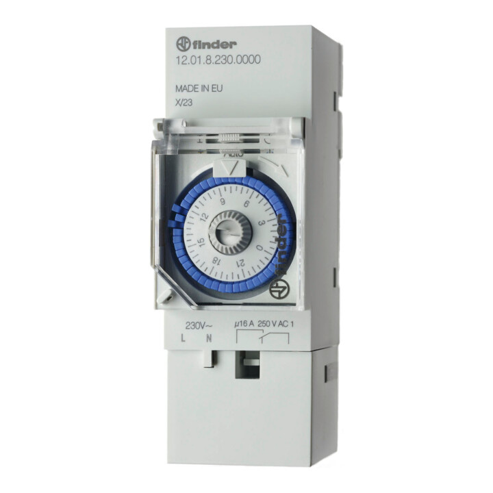 Finder Horloge temporisée Motorant. Programmation jour-nuit. Durée 70h, 1W 230VAC 12.01.8.230.0000