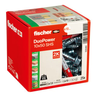 fischer Cheville bi-matière DuoPower 10 x 50 S avec vis, boîte à fenêtre
