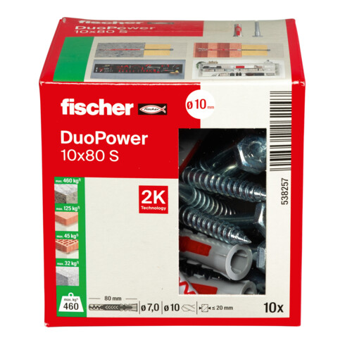 fischer Cheville bi-matière DuoPower 10 x 80 S avec vis, boîte à fenêtre