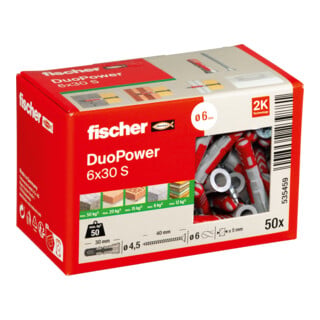 fischer Cheville bi-matière DuoPower 6 x 30 S avec vis, boîte à fenêtre