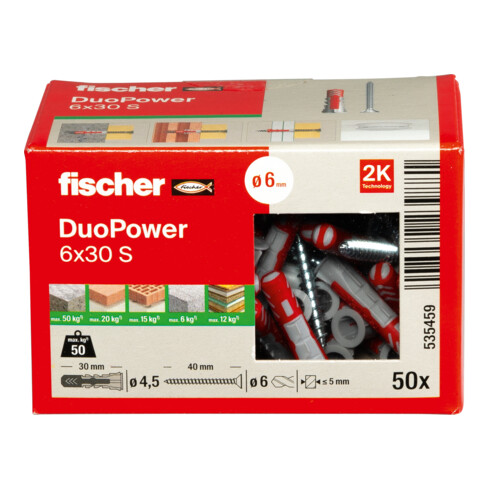 fischer Cheville bi-matière DuoPower 6 x 30 S avec vis, boîte à fenêtre
