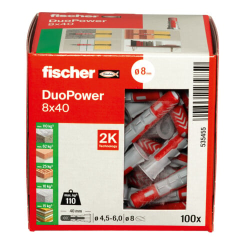fischer Cheville bi-matière DuoPower 8 x 40 sans vis, boîte à fenêtre