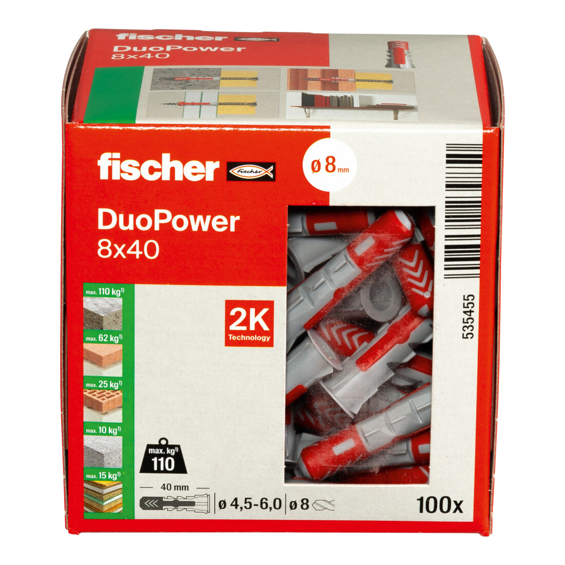 fischer Cheville bi-matière DuoPower 8 x 40 sans vis, boîte à fenêtre