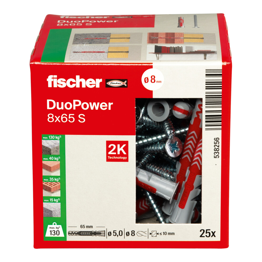 fischer Cheville bi-matière DuoPower 8 x 65 S avec vis, boîte à fenêtre