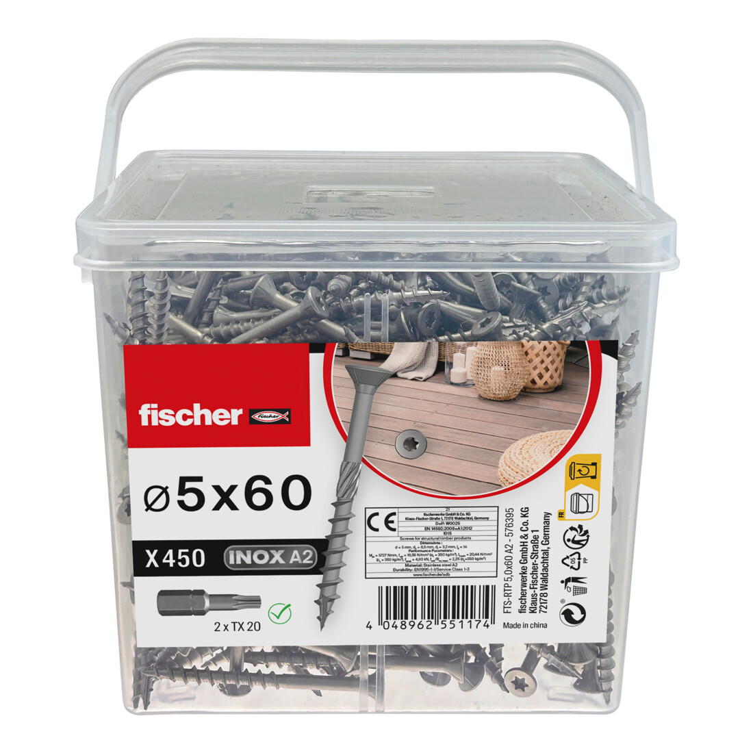 fischer Terrasenschraube FTS-RTP 5,0 BT 450, Linsensenkopf, TX-Antrieb, im Eimer