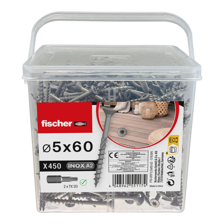fischer Terrasschroef FTS-RTP 5,0 x 60 BT 450, bolverzonken kop, TX-aandrijving, in emmer