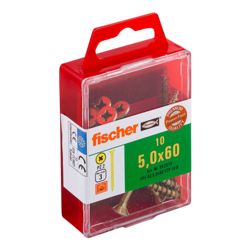 fischer Vis Power-Fast FPF-SZ 5,0 x 60 YZP 10 B Tête fraisée, empreinte PZ, bichromaté, filetage partiel