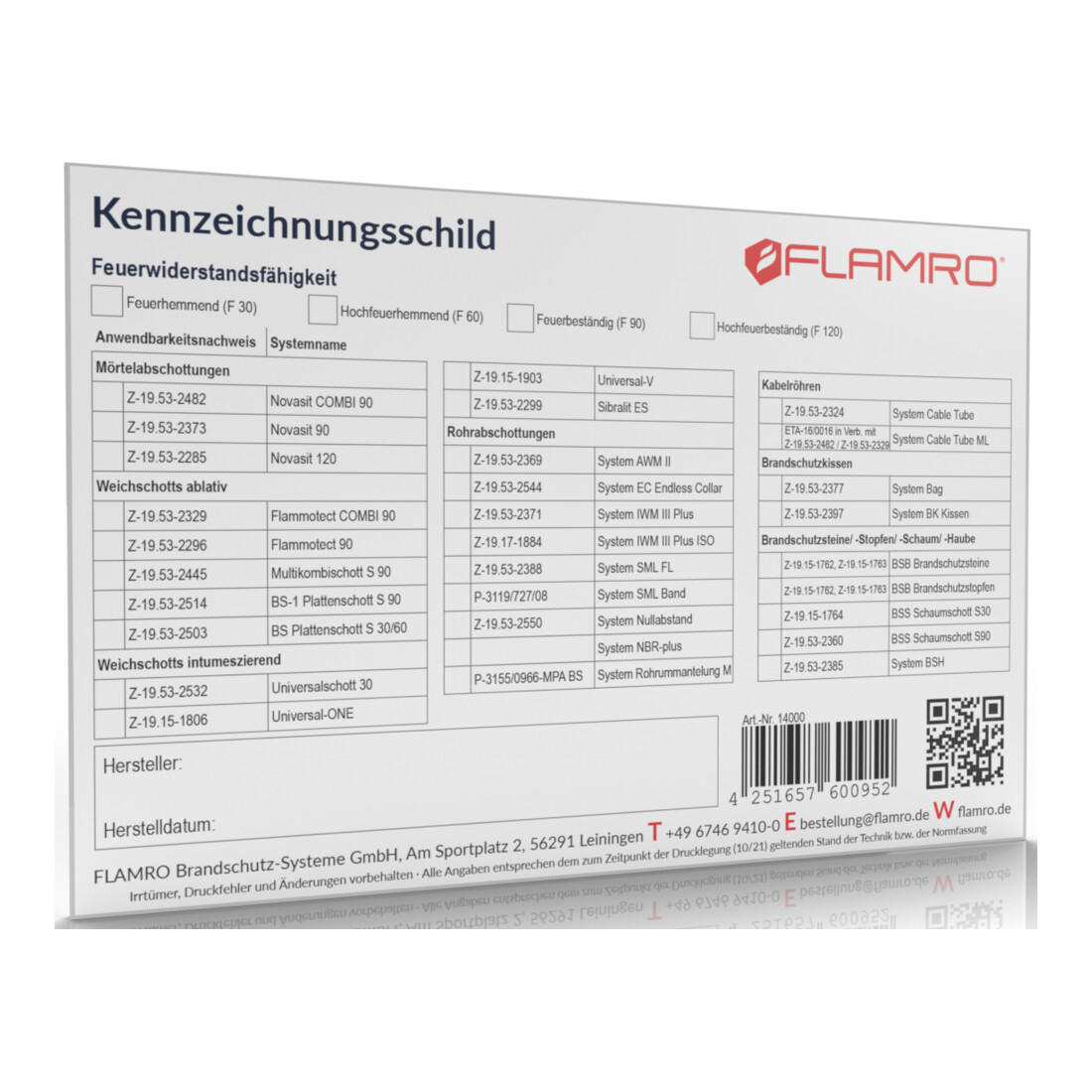 FLAMRO Panneau de signalisation de protection incendie universel 14000