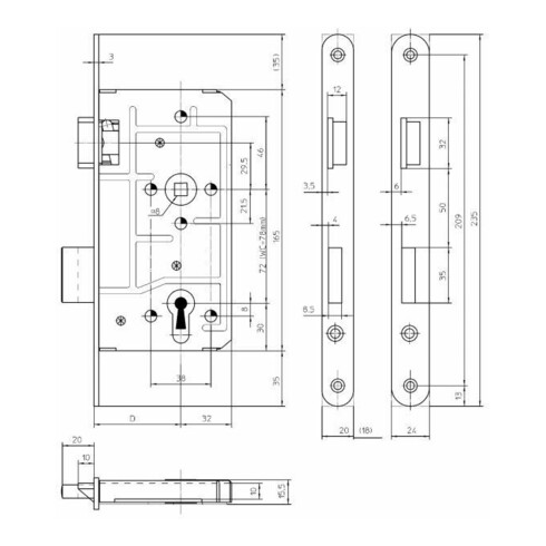Fliether KFV Einsteckschloss 113-1/2,BB72/8,D55,F20x235rd,ms pol. St-FA,DR