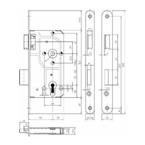 Fliether KFV Einsteckschloss 114-1/2,BB72/8,D55,F20x235rd,ER,DL