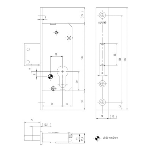 Fliether PT-Einsteckriegelschl.60- PZ,D30,24kt,DL/DR,U-St.Ed